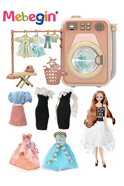 MEBEGIN مجموعة ألعاب منزلية تظاهرية مع غسالة ملابس واقعية و6 فساتين للدمى وار...
