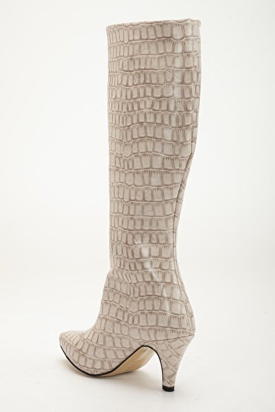 Fagi Siesta Beige Crocodile Leather Thin Heeled Below-The-Knee Boots
