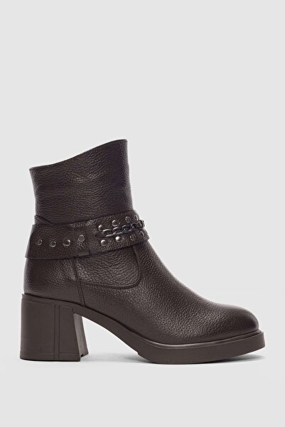 selin shoes Lorixa Genuine Leather Accessory Detailed Side Zipper Women's Boots - Brown