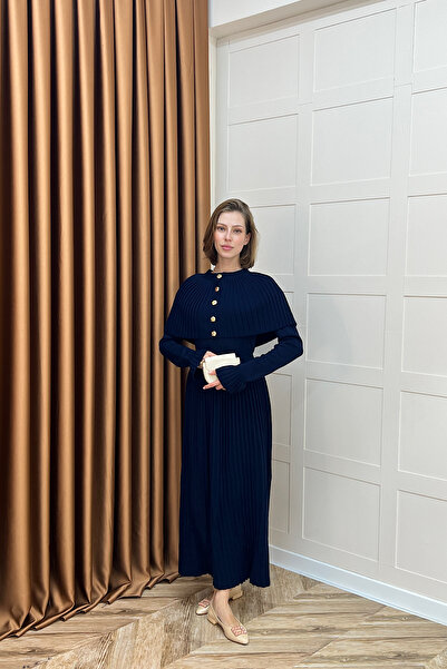 Stilife Kelebek Pelerinli Triko Elbise Lacivert