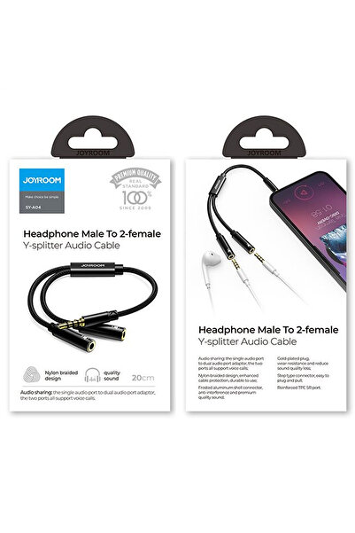 TelcoMag Joyroom (SY-A04) - Cablu, Splitter audio Y, 2x Jack 3.5mm (F) - la Jack 3.5mm (M) - 20cm, Negru