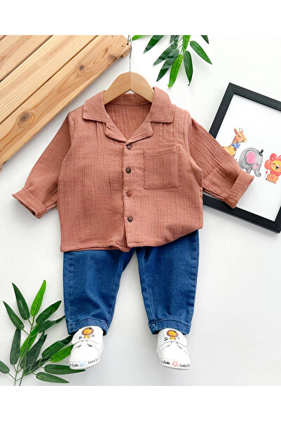 hümabebe Ceket yaka muslin gömlekli kot pantolonlu mevsimlik 2li takım