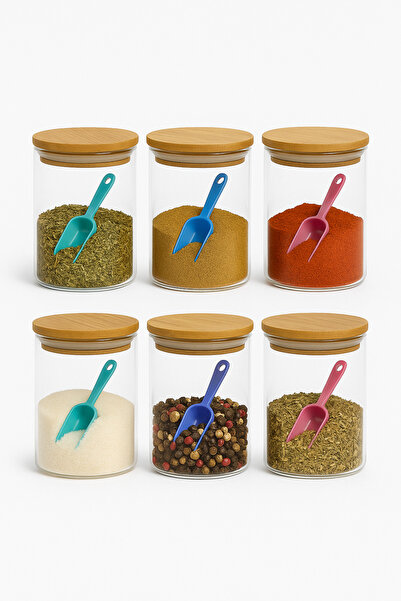 PERLAEVKAHVE Set of 6 Glass Spice Jars with Bamboo Lids – with Colored Scale Spoon, Kitchen Organization Storage Container