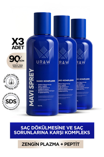 Uraw Mavi Sprey 3'lü Set - Saç Kökü Aktivasyonunu Destekleyen Gelişmiş Kompleks