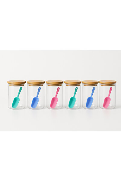 PERLAEVKAHVE Set of 6 Glass Spice Jars with Bamboo Lids – with Colored Scale Spoon, Kitchen Organization Storage Container