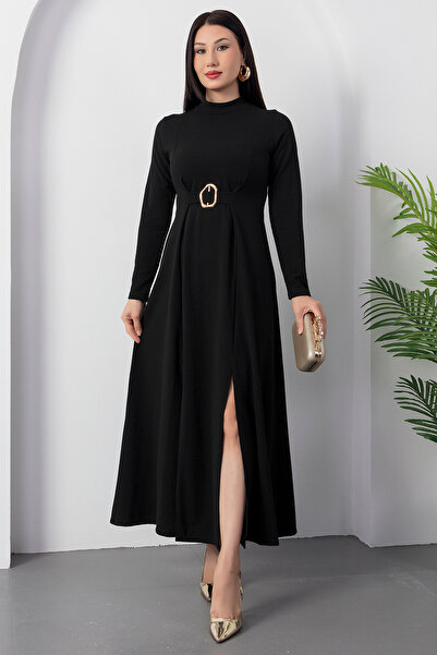 PULLIMM Mock Neck Long Sleeve Buckle Acrylic Dress 2025-4407