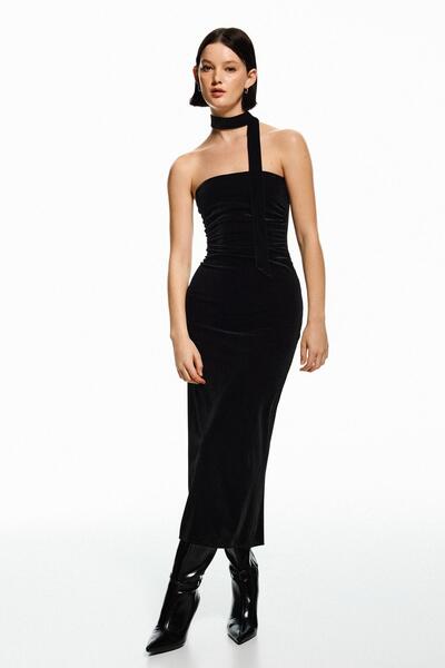 Bershka Bandeau scarf velvet midi dress