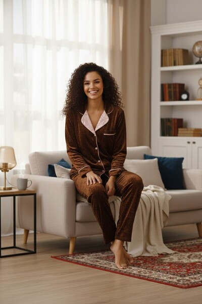 Miss Dünya Lissa Brown Shirt Collar Front Buttoned Long Sleeve Velvet Women's Pajama Set