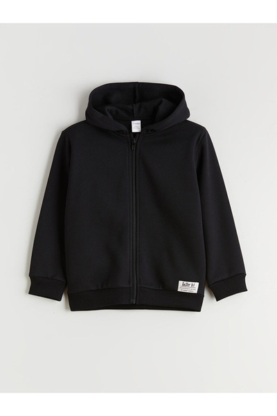 LC Waikiki Kids Black Hooded Boys' Zippered Sweatshirt