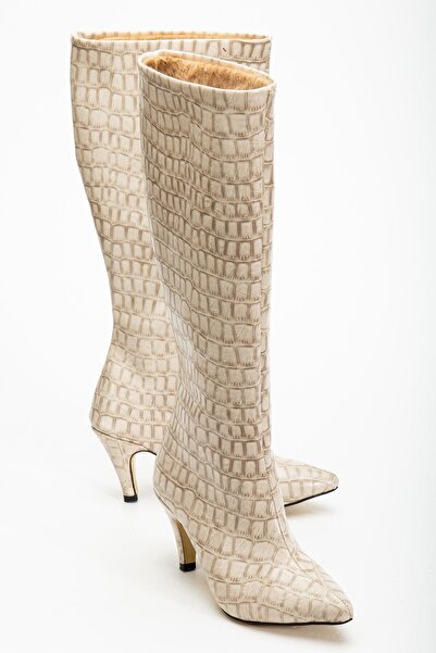Fagi Siesta Beige Crocodile Leather Thin Heeled Below-The-Knee Boots