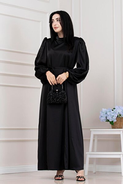 Sevitli Βραδινό φόρεμα με κορδόνι στη μέση και μανίκια μπαλόνι-ΜΑΥΡΟ