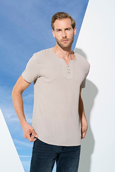 FOR YOU MODA Kurzarmhemd mit 3 Knöpfen, steinfarben