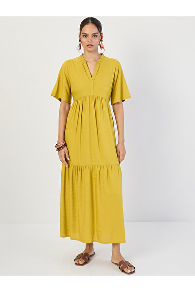 Styli Mustard Dobby Tiered Maxi Dress