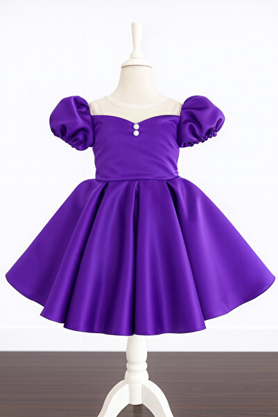 MUSGEM Özel Tasarım Mor Kısa Kol İnci Detaylı Kız Çocuk Abiye Elbise