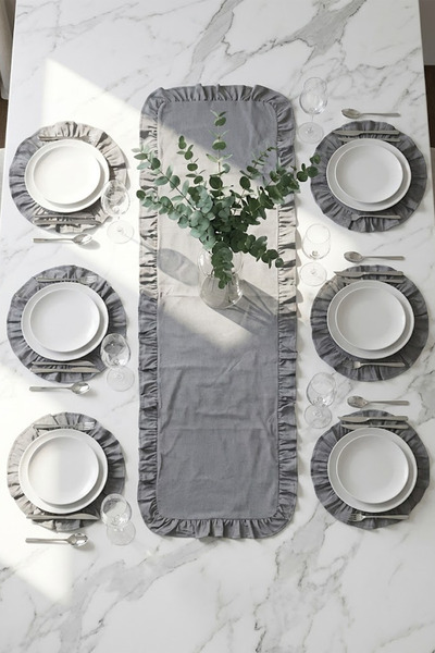 YUNUSOĞLU HOME Gray Ruffled Runner and Placemat Set - Tablecloth Set 7 Pieces 150X50