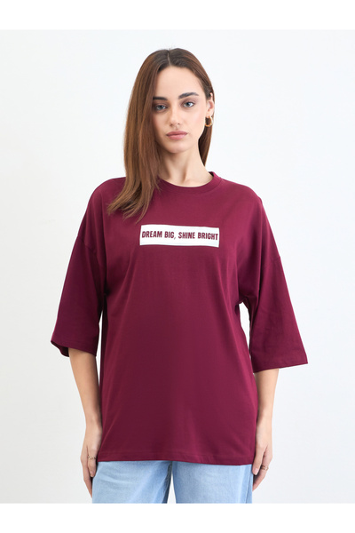 Styli Burgundy Slogan Print Oversized T-Shirt