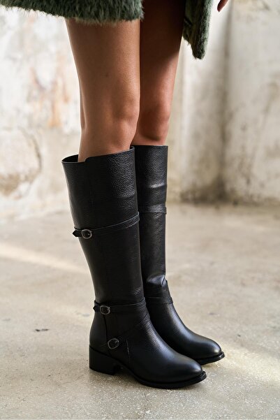 kalyoncu moda Gerber Gerçek Deri Siyah Renkli Üç Tokalı Topuklu Kadın Çizme