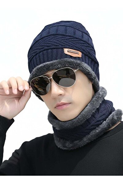 SARAOONT 2 Piece Navy Winter Thick Hat Beanie Scarf Set