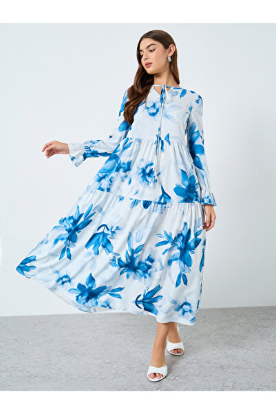 Take Two By Styli Floral Printed Tie-Up Neck Long Sleeve Midi Dress