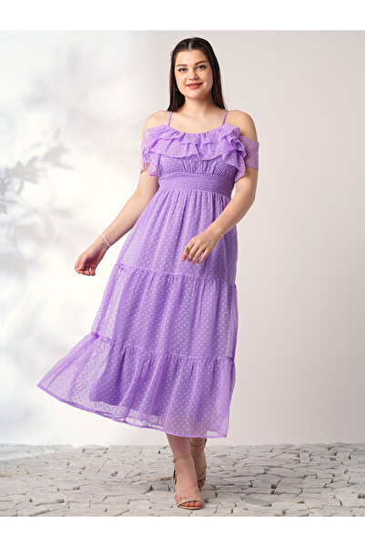 Globus By Styli Lavender Strappy Ruffles Detail Smocked Midi Dress