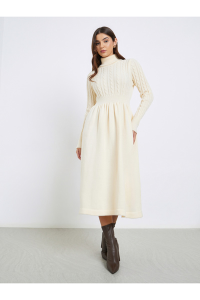 Styli Cream Cable Knit Sweater Midi Dress