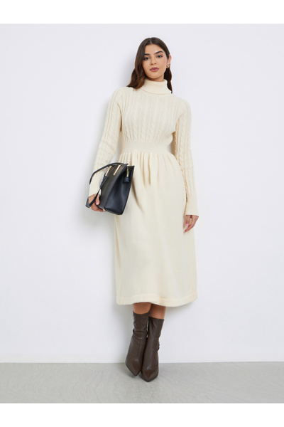 Styli Cream Cable Knit Sweater Midi Dress