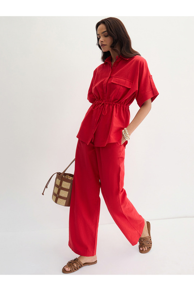 Femmella By Styli Red Cotton Linen Straight Fit Pants