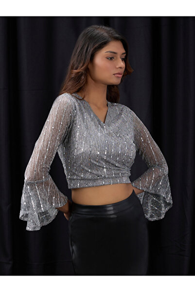 Globus By Styli Women Grey Flared Sleeves Embellished Crop Top