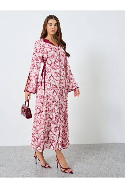 Take Two By Styli All-Over Printed V Neck Split Long Sleeve Maxi Dress