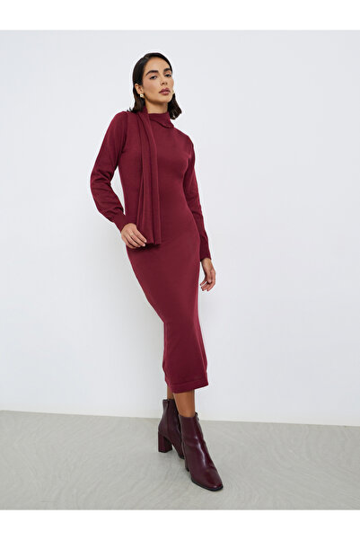 Styli Burgundy Knit Midi Sweater Dress