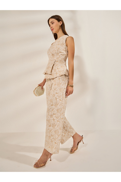 Styli Beige Jacquard Wide Leg Trousers