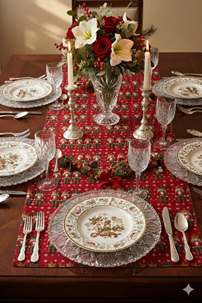 Lilies Atelier Yılbaşı Kırmızı Kurşun Asker Nutcracker Desen 3D Mikro Petek Keten Görünümlü Masa Runner 40x140 cm