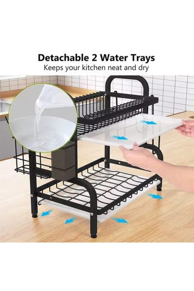 MODALITE 2-Tier Stainless Steel Kitchen Dish Rack – Plates, Bowls & Utensils Organizer, Black, 40x25x40 cm