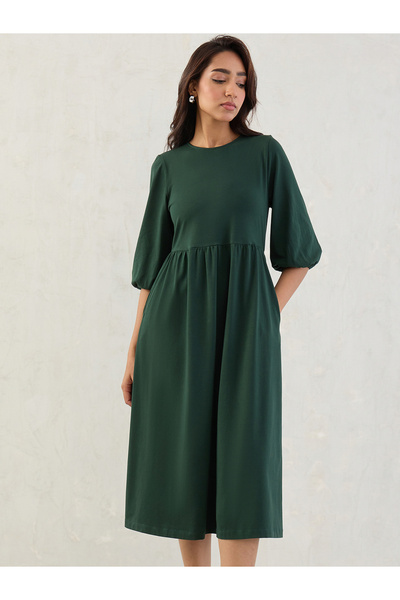 Styli Forest Green Cotton Knitted Midi Dress