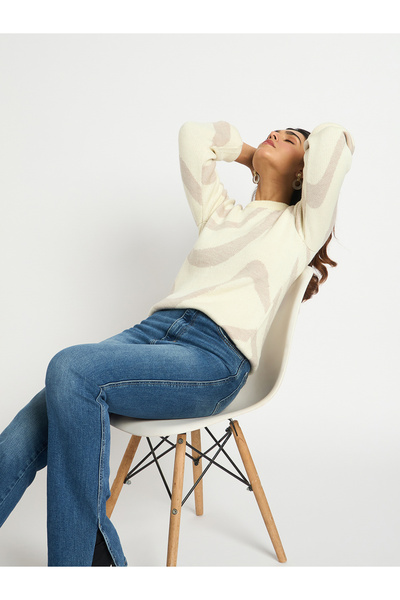 Femmella By Styli Beige Melange Abstract Print Sweater