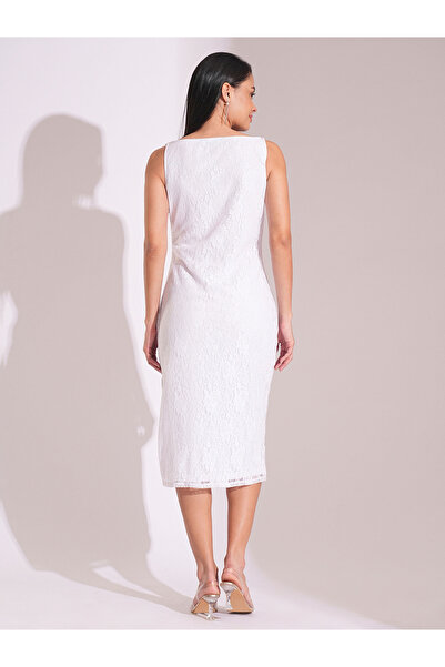 Globus By Styli White Cowl Neck Side Slits Lace Bodycon Midi Dress