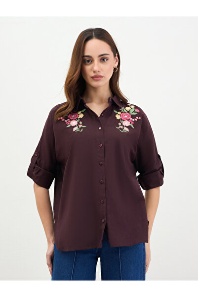 Styli Embroidered Yoke Oversized Shirt with Roll-Up Sleeves