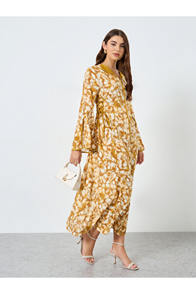Take Two By Styli All-Over Printed V Neck Split Long Sleeve Maxi Dress
