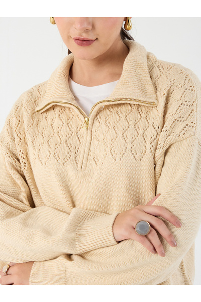Femmella By Styli Beige Collared Half Pulle Sweater