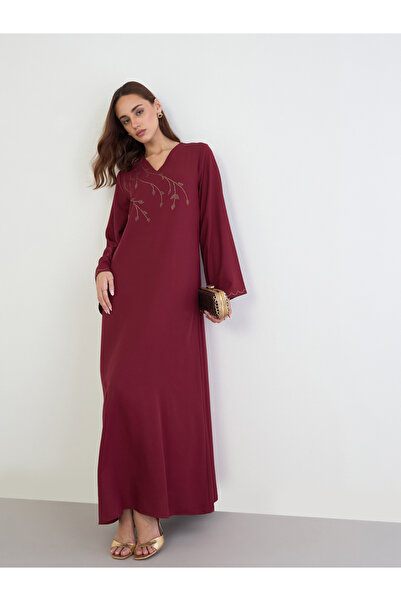 Styli Red Jalabiya with Rhinestone Embroidery