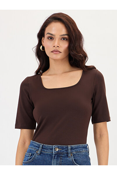 Femmella By Styli Brown Square Neck Short Sleeve Bodysuit