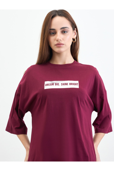 Styli Burgundy Slogan Print Oversized T-Shirt