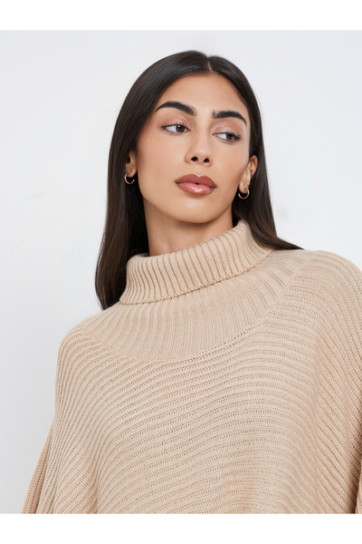 Styli Beige Oversized Chunky Knit Cape Sweater
