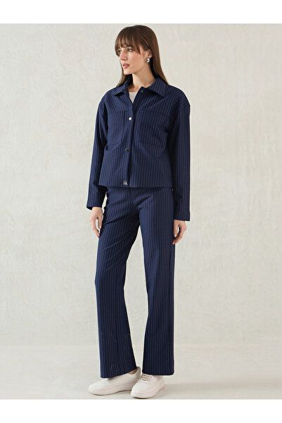 Femmella By Styli Women Navy Blue Striped Jacket