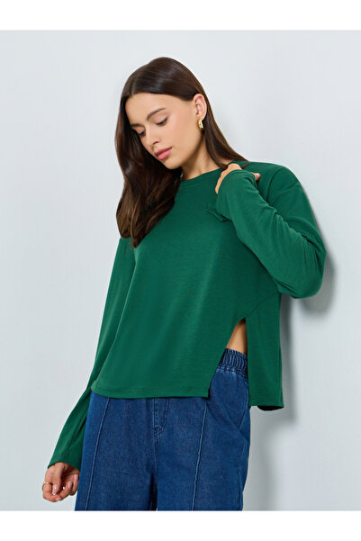 Styli Green Oversized Long Sleeve Side Slit T-Shirt