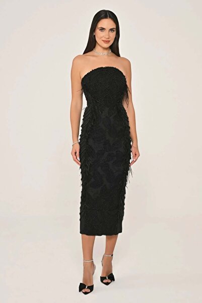 ALFABETA فستان ميدي بدون حمالات مزين بالخرز