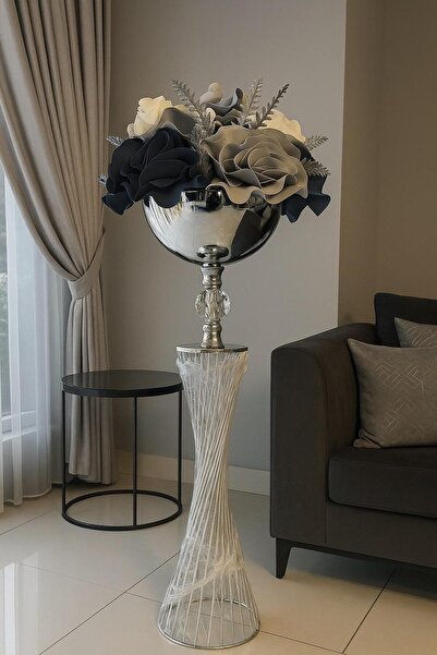 İSHTAR DEKOR LÜKS GÖK VAZO - LATEX ARANJMAN - METAL GÜMÜŞ SAKSI