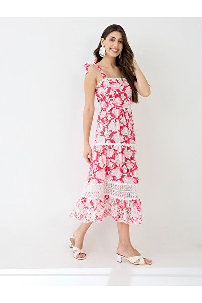 Globus By Styli Red Floral Print Tie-Up Strappy Tiered Midi Dress