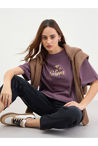 Styli Burgundy Slogan Print Oversized T-Shirt
