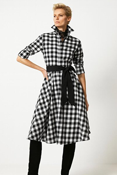 ALYEL NAKER Siyah&Beyaz Ekose Desenli Midi Boy Tafta Gömlek Elbise